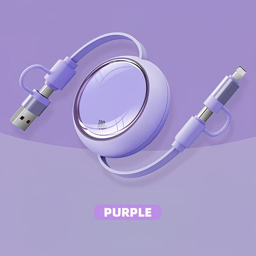 Purple multi-device charging cable on a purple background